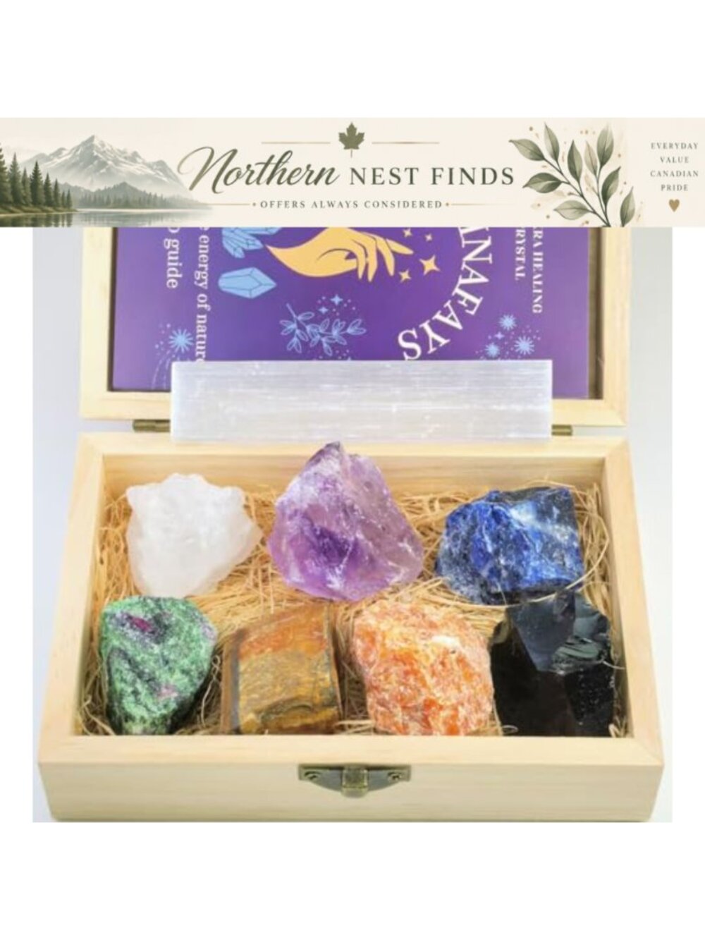 7 Raw Chakra Healing Crystal Set Selenite Stick Wooden Box Guide